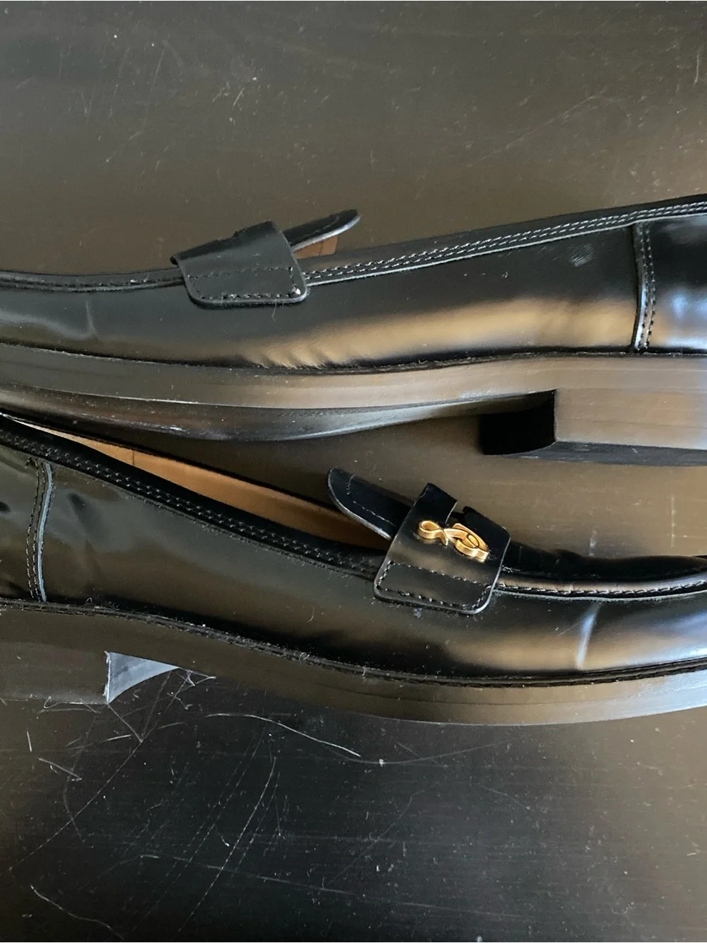 Sam Edelman Black Leather Penny Loafers with Gold Accent